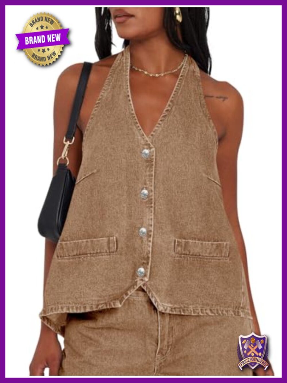 Tankaneo Womens Halter Denim Vest Top Summer Sleeveless Open Back Waistcoat